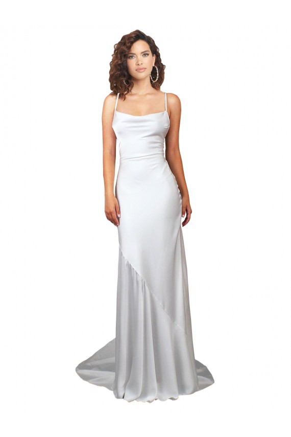 Shop Simple Lace Up Back Cowl Neck Long Sweep Train Silky Satin Beach Wedding Dress