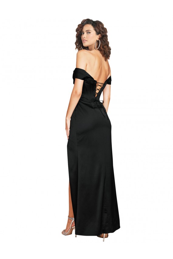 Shop Fitted Sweetheart Neckline Formal Silky Satin Bridesmaid Dress / Prom Dress with Off the Shoulder Sleeves and High Slit