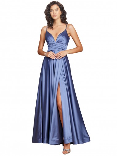 Shop Deep V-Neck Sweetheart Long Formal Silky Satin Bridesmaid Dress / Prom Dress with Thigh High Slit