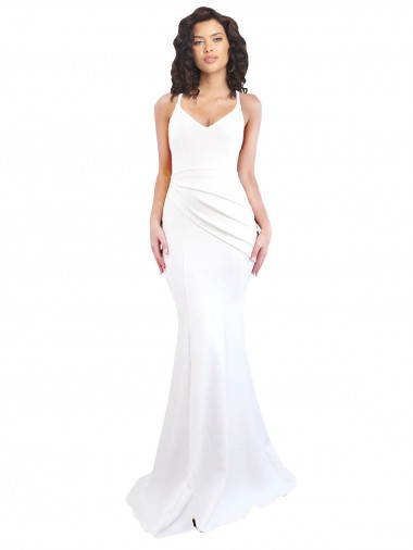 Shop Fishtail Shape Spaghetti Straps Open Back Formal Crepe Bridesmaid Dress / Prom Dress with Ruffles