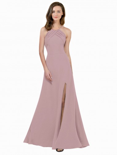 Shop High Neck Crepe Bridesmaid Dress / Prom Dress with Pleats and Keyhole Back