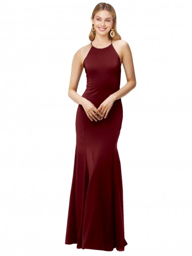 Shop Fit and Flare Halter Neckline Stretch Formal Crepe Bridesmaid Dress / Prom Dress with Strappy Back