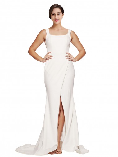 Shop Square Neck Long Sheath Sweep Train Crepe Bridesmaid Dress / Prom Dress 
