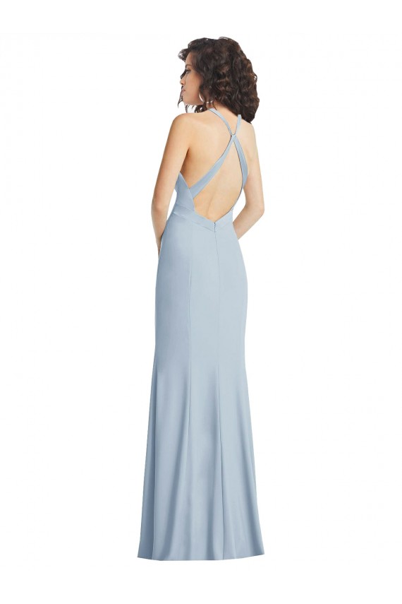Shop High Neck Halter Formal Crepe Bridesmaid Dress / Prom Dress with Twist Criss Cross Back