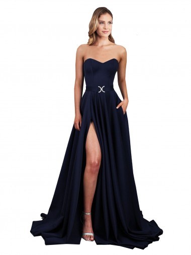 Shop Sweetheart Neckline Low Back Long Formal Crepe Bridesmaid Dress / Prom Dress with Pockets & High Leg Spit