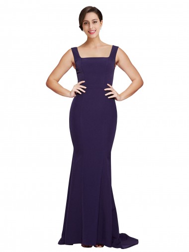 Shop Square Neck Long Sweep Train Crepe Bridesmaid Dress / Prom Dress with Thick Straps