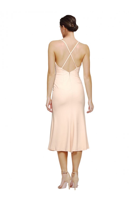 Shop Midi Cocktail Length V-Neckline Crepe Bridesmaid Dress / Prom Dress with Thin Straps and Fulted Skirt