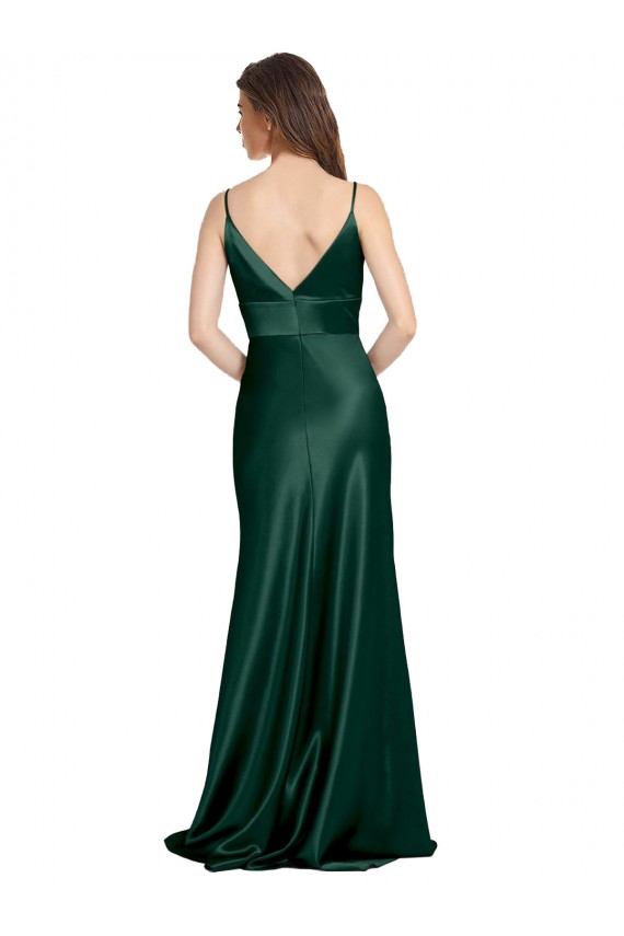 Shop High V-Neck Long Full Length Sheath Formal Stretch Satin Bridesmaid Dress / Prom Dress