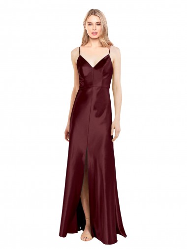 Shop Sleek Spaghetti Straps V-Neck Formal Stretch Satin Bridesmaid Dress / Prom Dress with Center Front Slit
