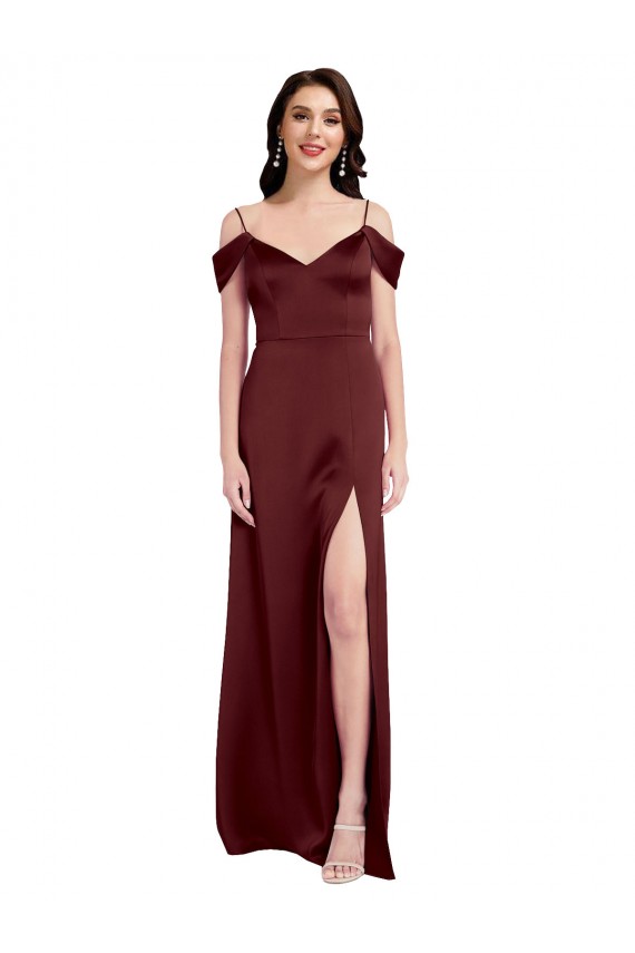 Shop Draped Off the Shoulder Sleeves Slim A-Line Formal Stretch Satin Bridesmaid Dress / Prom Dress with Side Slit