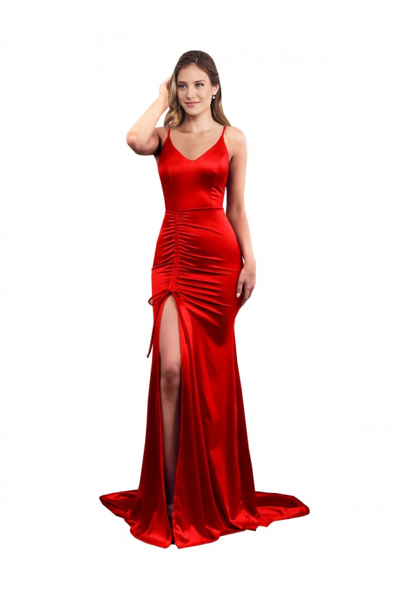 Shop Long Pleated Formal Stretch Satin Bridesmaid Dress / Prom Dress with High Slit
