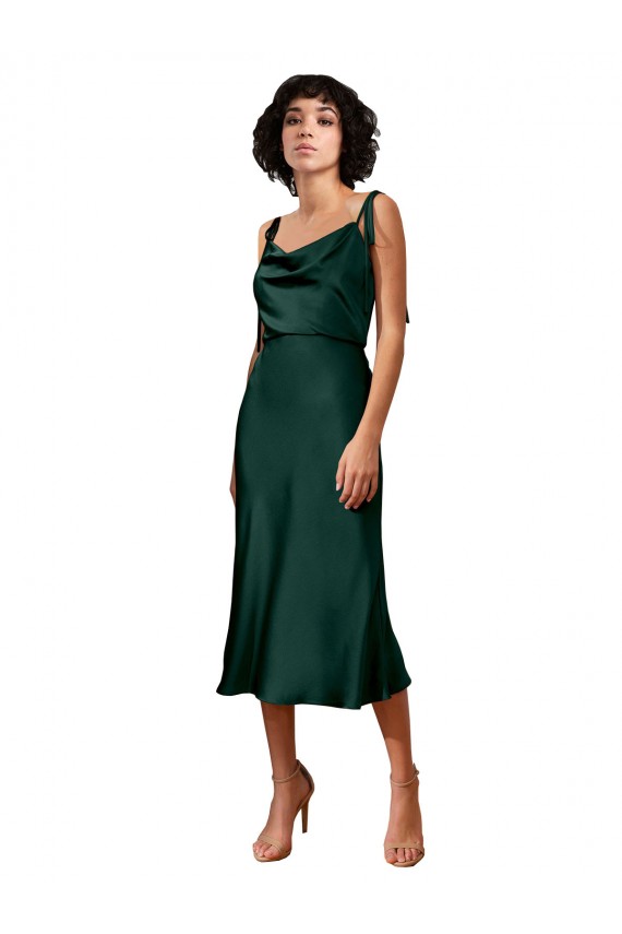 Shop Spaghetti Straps Tie Shoulders Cowl Neck Short Midi Length Formal Stretch Satin Cocktail Bridesmaid Dress / Prom Dress