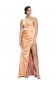 Shop One Shoulder Ruched Formal Stretch Satin Bridesmaid Dress / Prom Dress with Thigh High Split