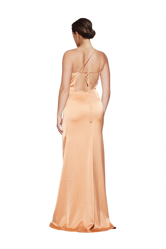 Shop One Shoulder Ruched Formal Stretch Satin Bridesmaid Dress / Prom Dress with Thigh High Split