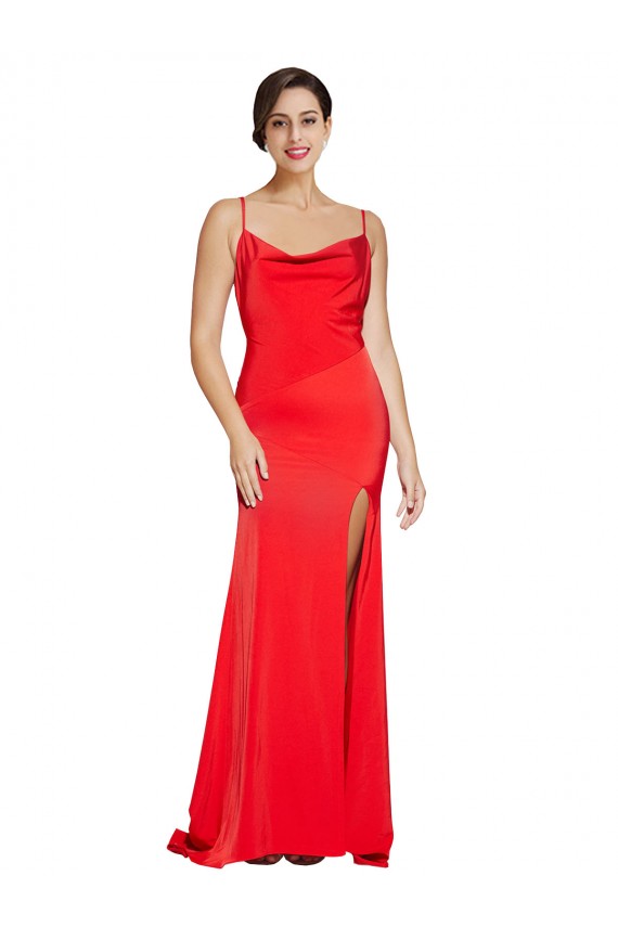 Shop Low Back Cowl Neck Formal Stretch Satin Bridesmaid Dress / Prom Dress with High Side Slit