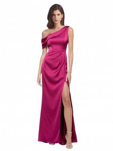 Shop Off the Shoulder Short Sleeves Formal Stretch Satin Bridesmaid Dress / Prom Dress with Side Slit