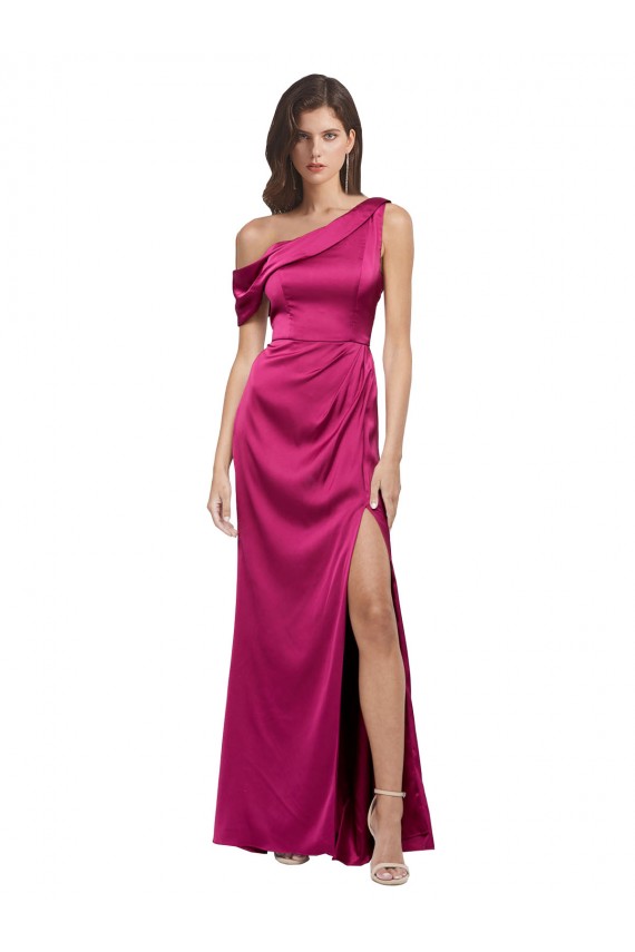 Shop Off the Shoulder Short Sleeves Formal Stretch Satin Bridesmaid Dress / Prom Dress with Side Slit