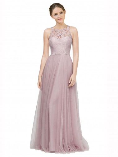 Shop High Neck Long Tulle Bridesmaid Dress with Lace Bodice