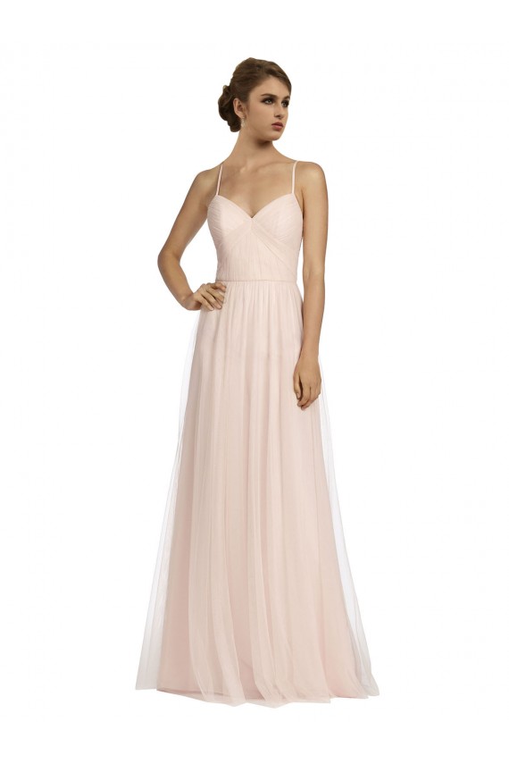 Shop Long Draped Back A-Line Tulle Bridesmaid Dress with Pleated Bodice