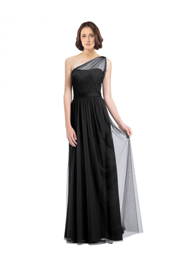 Shop Ruched Long Soft Tulle Bridesmaid Dress with Sheer Netting Shoulder Strap