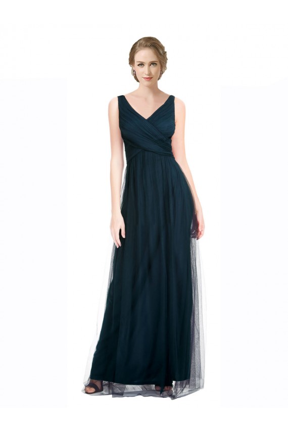 Shop Full Length Long Tulle Bridesmaid Dress with V-Neck Criss-Cross Ruched Top