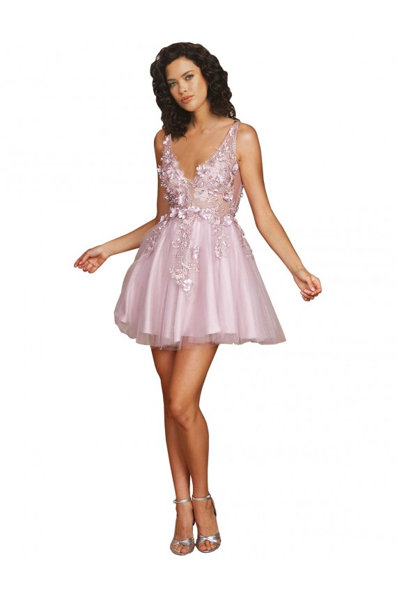 Shop Sleeveless V-Neckline Short Cocktail Dress with Embellished Lace Appliques