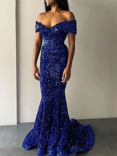 Shop Mermaid Off the Shoulder Sleeveless Long Sweep Train Velvet Sequin Prom Dress