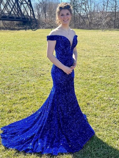 Shop Off the Shoulder Sleeveless Long Sweep Train Velvet Sequin Prom Dress