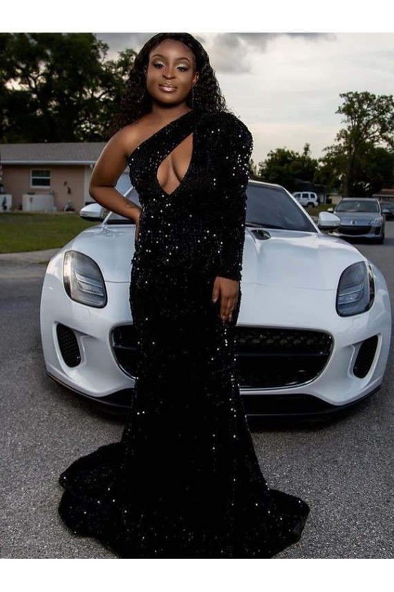 Shop One Shoulder Long Sleeves Long Sweep Train Velvet Sequin Prom Dress