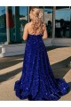 Shop A-Line One Shoulder Sleeveless Long Sweep Train Velvet Sequin Prom Dress with Pockets