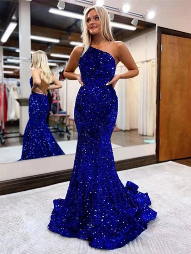 Shop Mermaid One Shoulder Open Back Long Sweep Train Velvet Sequin Prom Dress