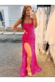 Shop Spaghetti Straps Sleeveless Long Velvet Sequin Prom Dress with Slit and Criss Cross Open Back