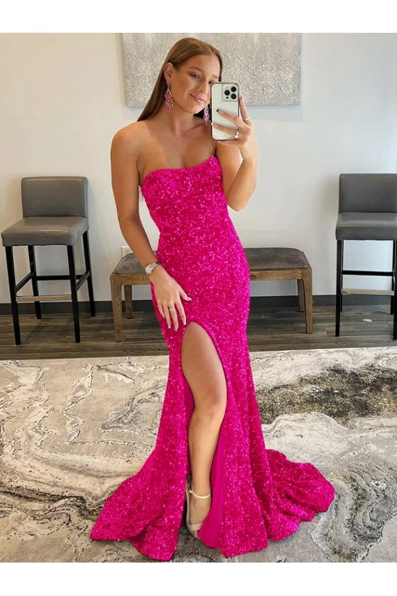 Shop Strapless Sleeveless Long Sweep Train Velvet Sequin Prom Dress with Side Slit