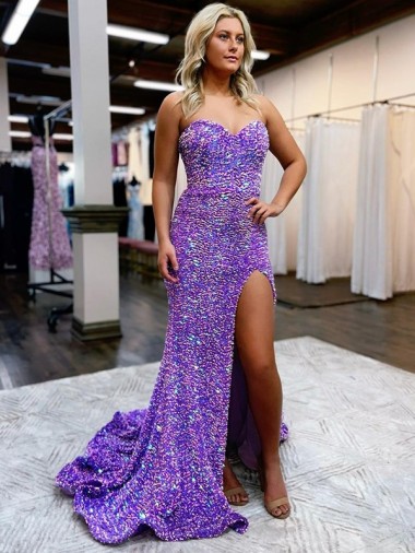 Shop A-Line Sweetheart Sleeveless Long Velvet Sequin Prom Dress with Slit
