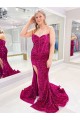Shop Long Sweetheart Sleeveless Sweep Train Velvet Sequin Prom Dress with Slit