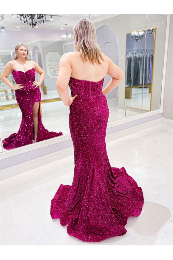 Shop Long Sweetheart Sleeveless Sweep Train Velvet Sequin Prom Dress with Slit