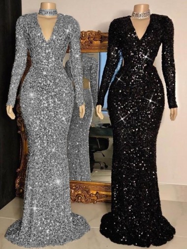 Shop V-Neck Long Sleeves Long Sweep Train Velvet Sequin Prom Dress