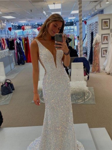 Shop V-Neck Sleeveless Long Velvet Sequin Prom Dress with Sweep Train