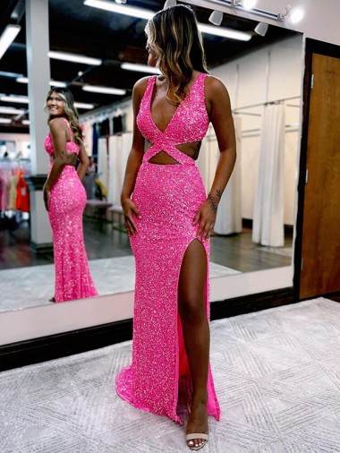 Shop Long V-Neck Sleeveless Sweep Train Velvet Sequin Prom Dress with High Slit