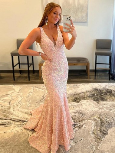 Shop Deep V-Neck Sleeveless Long Low Back Velvet Sequin Prom Dress