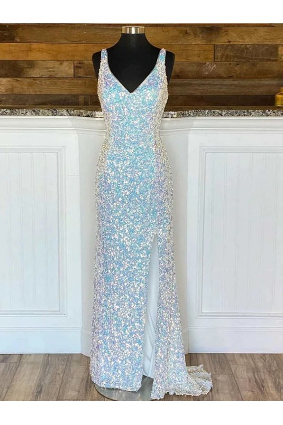 Shop V-Neck Sleeveless Long Sweep Train Velvet Sequin Prom Dress