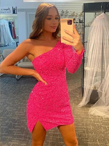 Shop Short Velvet Sequin One Shoulder Long Sleeves Prom Dress