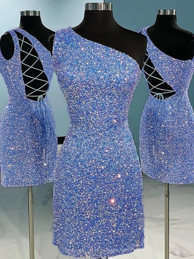 Shop Short Velvet Sequin One Shoulder Sleeveless Prom Dress