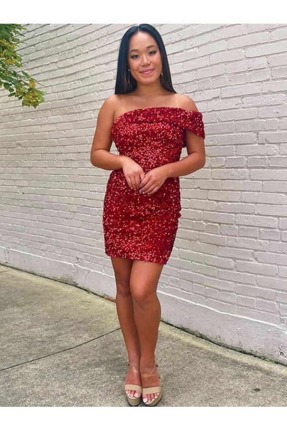 Shop Short One Shoulder Sleeveless Velvet Sequin Cocktail Prom Dress