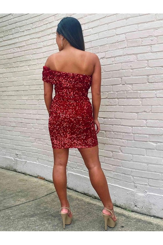 Shop Short One Shoulder Sleeveless Velvet Sequin Cocktail Prom Dress