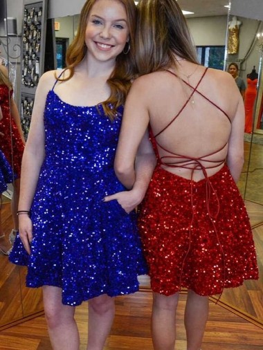 Shop A-Line Spaghetti Straps Sleeveless Short Velvet Sequin Prom Dress