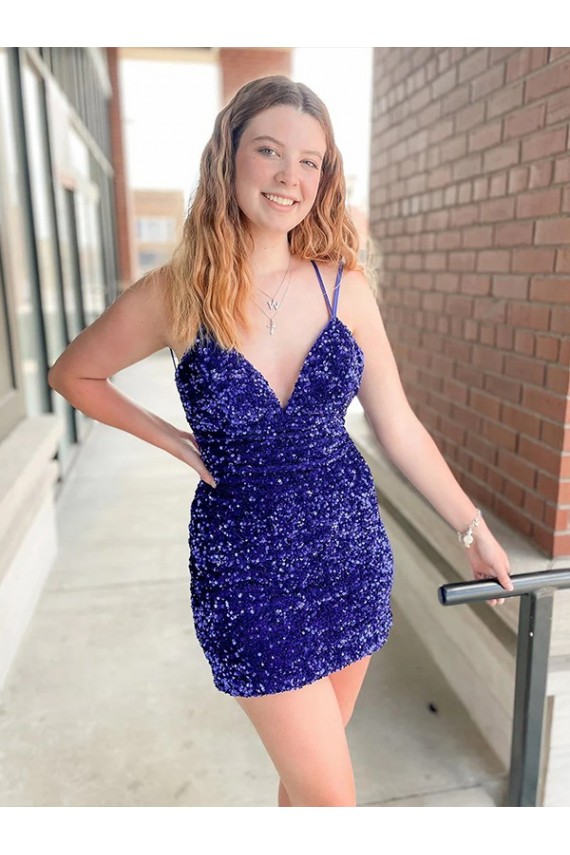 Shop Sleeveless Short Velvet Sequin V-Neck Prom Dress
