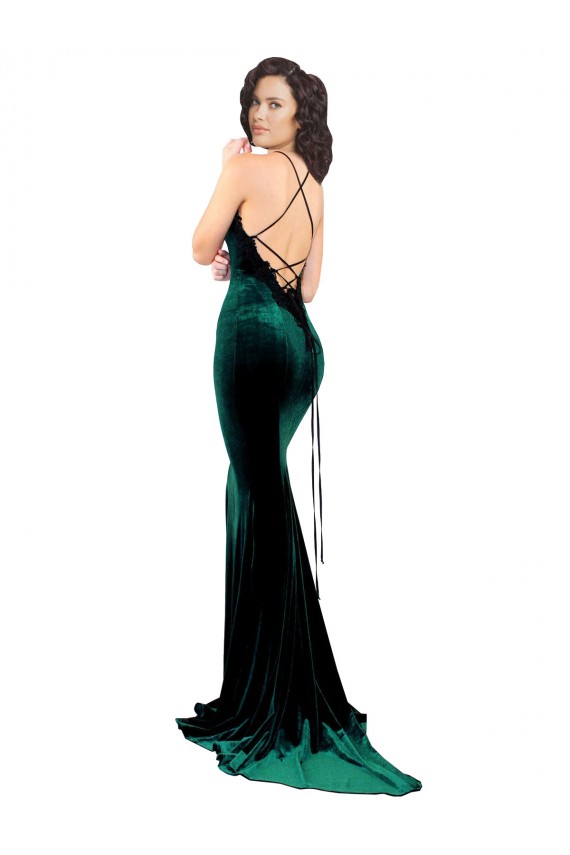 Shop High Neck Formal Stretch Velvet Bridesmaid Dress / Prom Dress with Black Lace Embroidery
