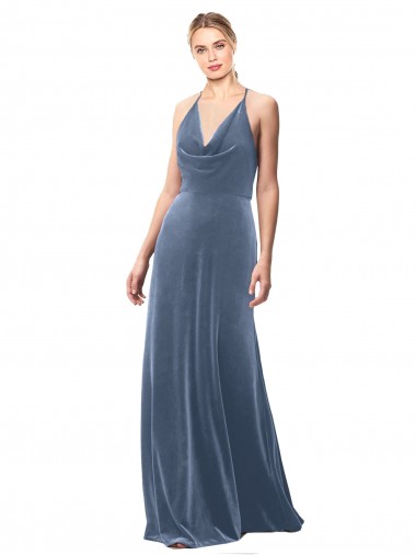 Shop Halter Cowl Neck Long A-Line Velvet Bridesmaid Dress / Prom Dress with Keyhole Back
