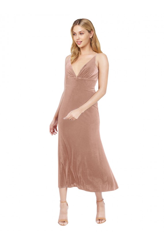 Shop Midi Cocktail Length Short V-Neck Velvet Bridesmaid Dress / Prom Dress with Notched Neckline